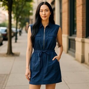 Michael Kors Navy Sleeveless 1/2 Zip Tie Waist Utility Cargo Tank Dress Size M